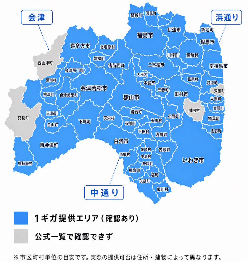福島県のフレッツ光ネクスト（1ギガの・光コラボ）の提供エリア