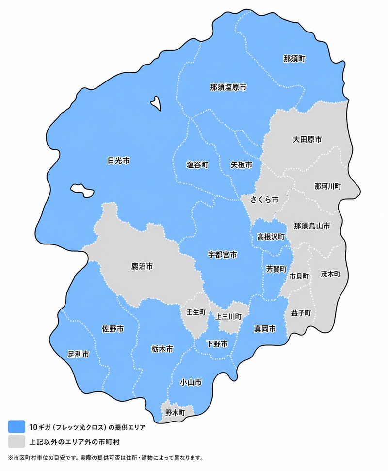 栃木県の10ギガ・光コラボ（フレッツ光クロス）の提供エリアマップ