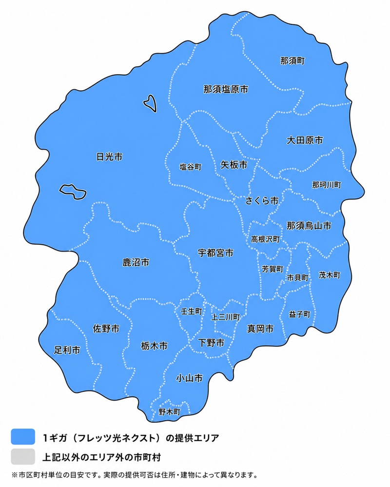 栃木県の1ギガ・光コラボ（フレッツ光ネクスト）の提供エリアマップ