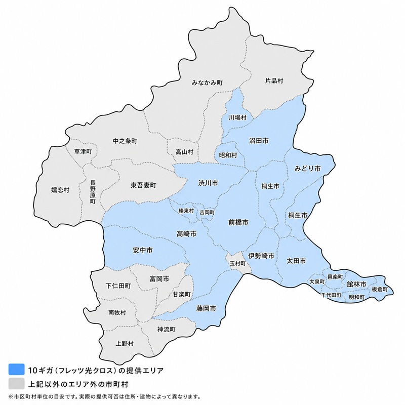 群馬県の10ギガ・光コラボ（フレッツ光クロス）の提供エリアマップ