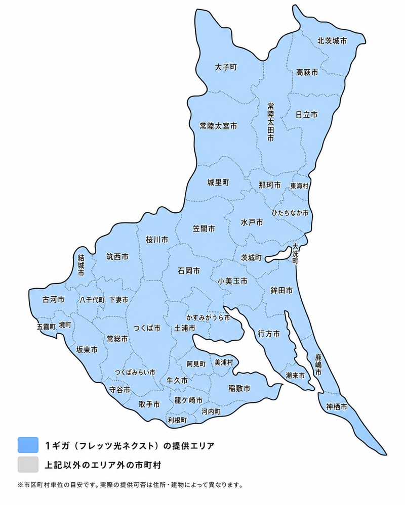 茨城県の1ギガ・光コラボ（フレッツ光ネクスト）の提供エリアマップ